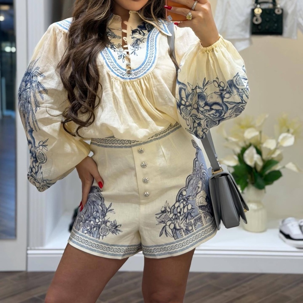 Zimmermann Cream & Blue Embroidered Floral Romper Set